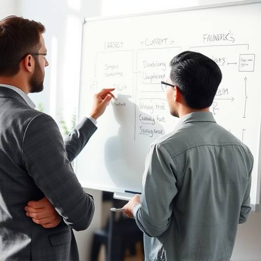 Los fundadores de OratoriaMaster discutiendo estrategias en una pizarra